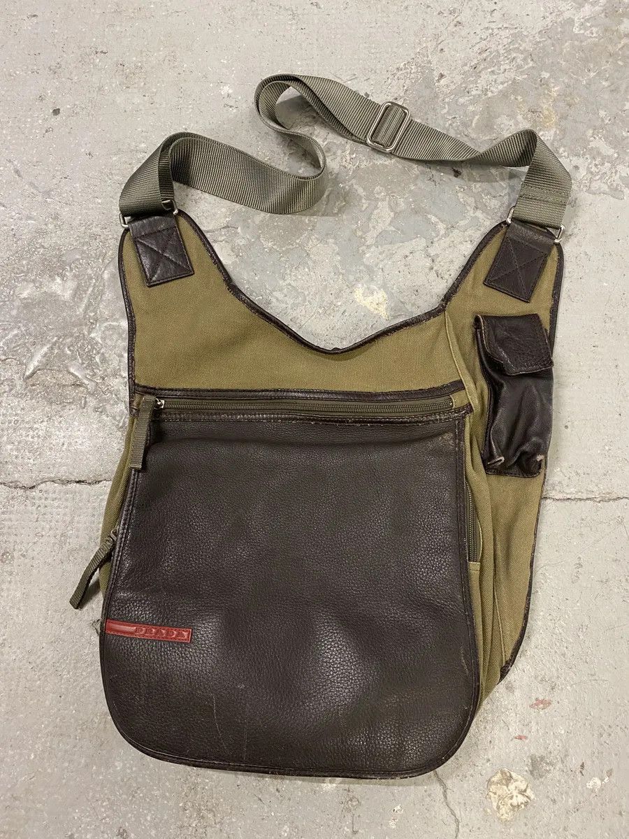 2000s Prada Olive Military Hybrid Leather Shoulder Bag
