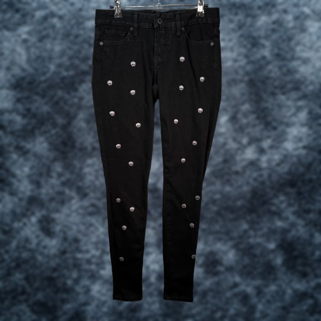 Vintage Modern Saints Womens Jeans Skull Embroidered Dark Denim Skinny 5-Pocket Size 1 Black Leather? Size 25" / US 0 / IT 36 - 1 Thumbnail