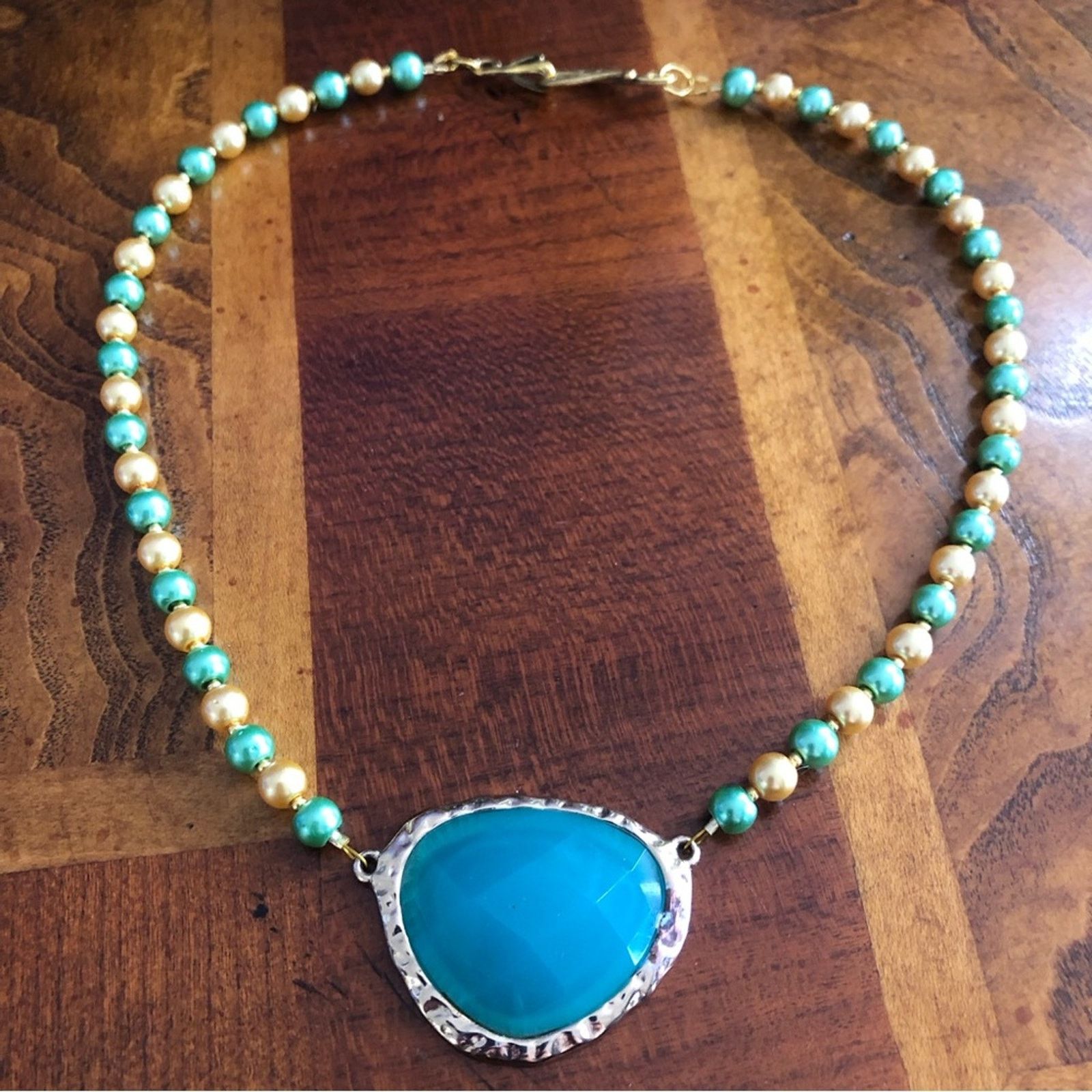 Handmade Handcrafted repurpose teal green dome glass Pearl necklace Size ONE SIZE - 8 Thumbnail