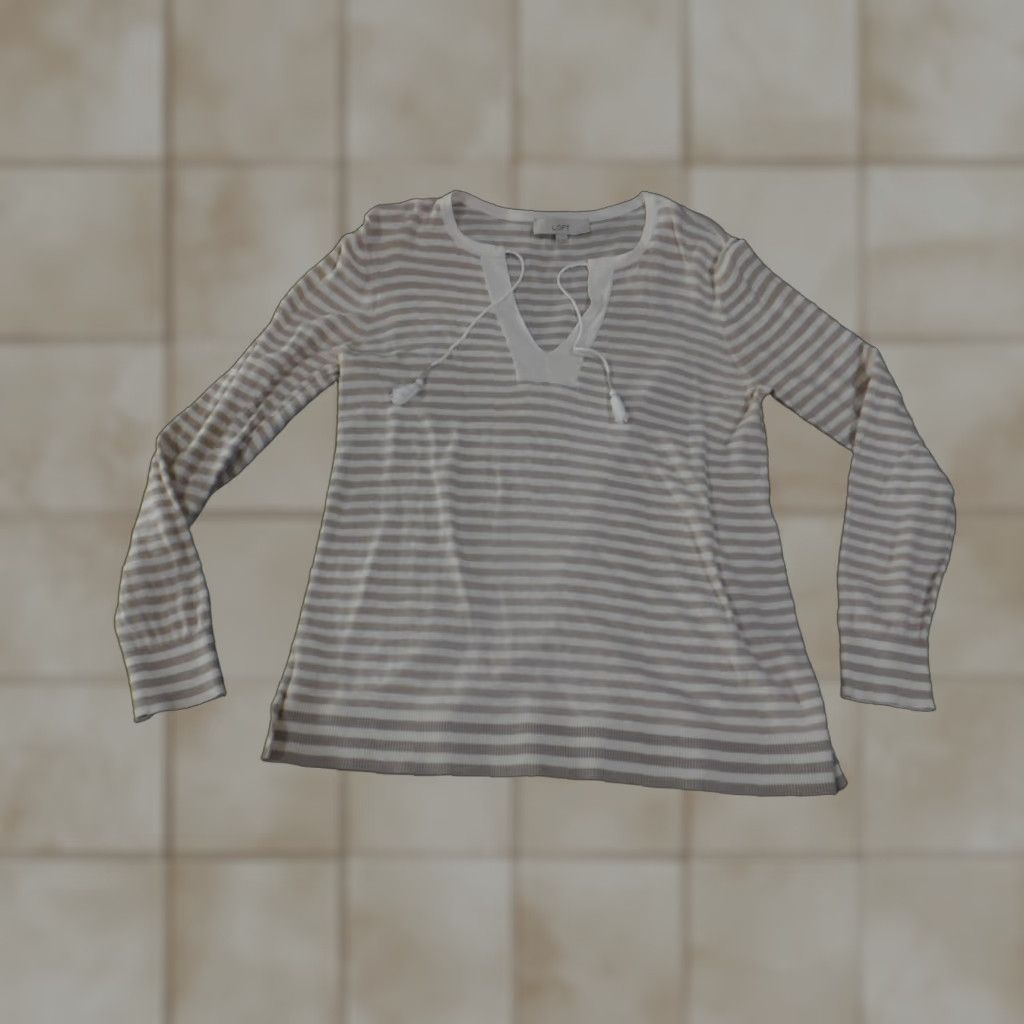 Loft LOFT Shirt Womens Medium White Striped Beige Long Sleeve Tie Neck Button-Up Cotton Knit VINTAGE No, not; but keep concise Size M / US 6-8 / IT 42-44 - 1 Thumbnail