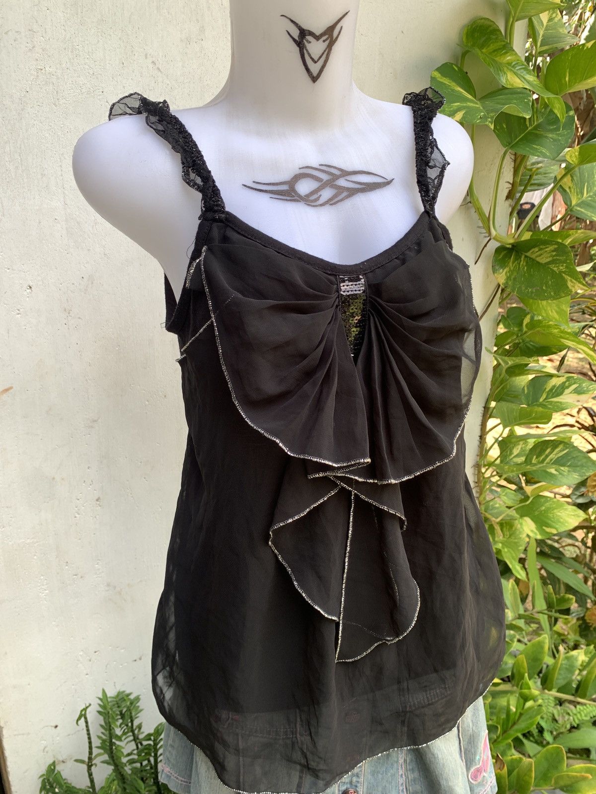 Japanese Brand y2k Unknown Butterfly Bowtie Black Ruffle Sequin Tanktop Size S / US 4 / IT 40 - 2 Thumbnail