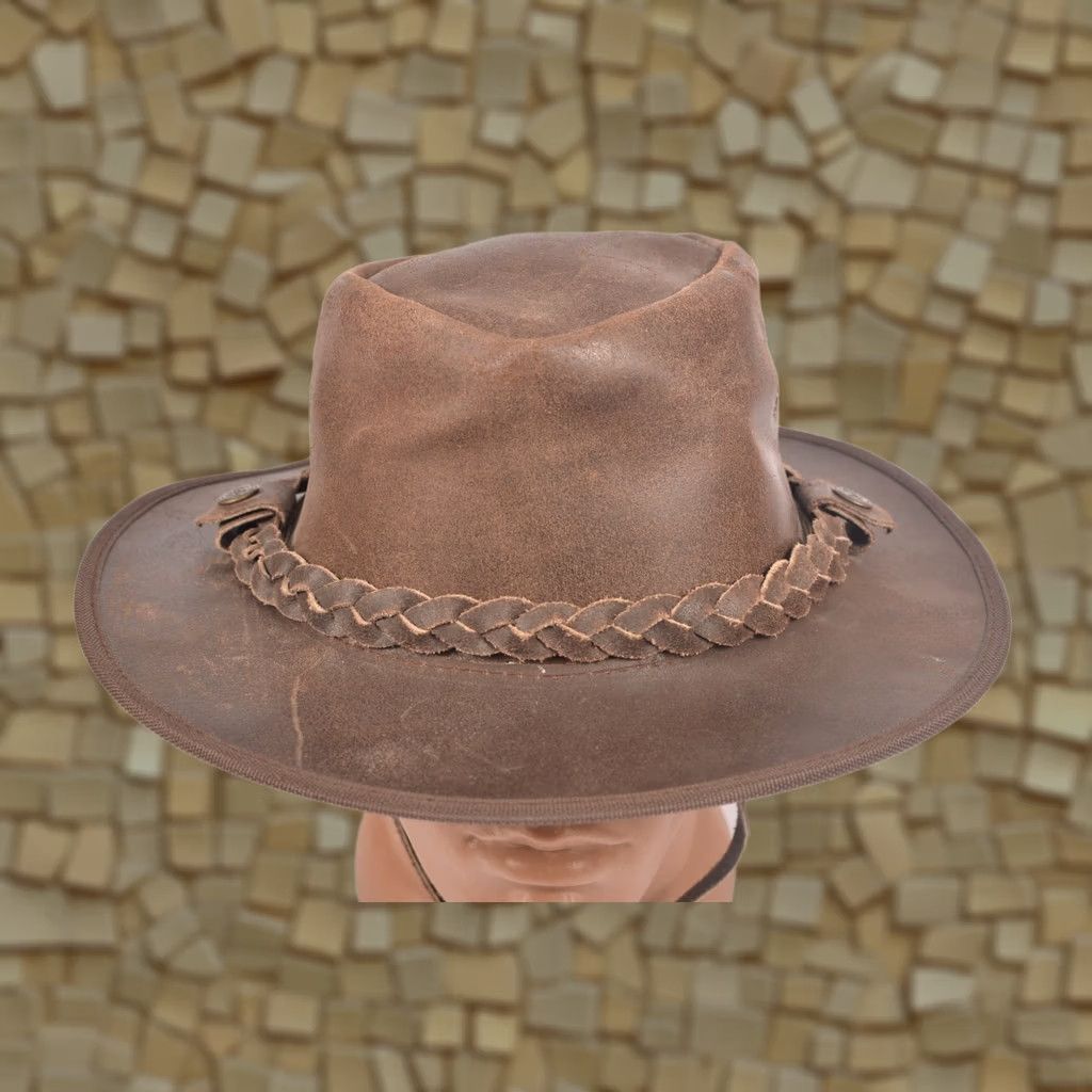 Vintage Aussie Leather Cowboy Western Australian Hat Men M Brown Solid Pattern Size M Mens Size ONE SIZE - 1 Thumbnail
