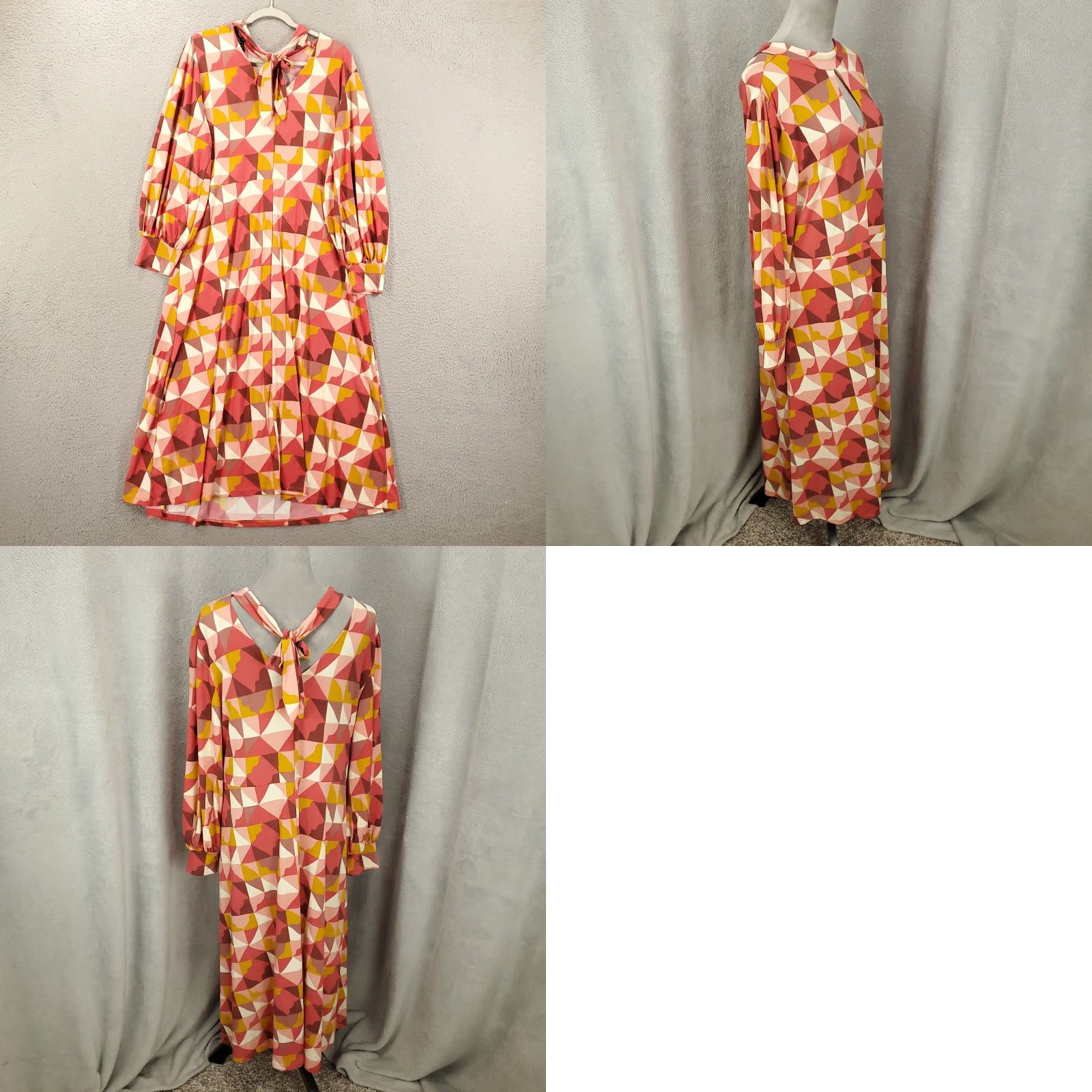 Vintage Eloquii Maxi Dress Women's 16 Orange White Red Geometric Knit Long Sleeve Round Neck Keyhole Neck Stretch Pullover Casual Travel Party/Cocktail Size XXL / US 16-18 / IT 52-54 - 8 Thumbnail