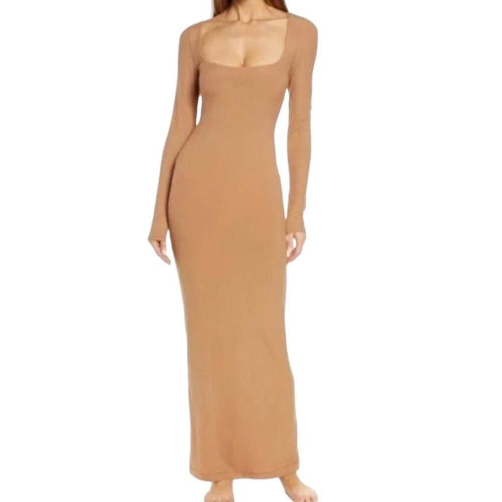 CT1728 Skims NWT Soft Lounge Long Sleeve Dress Camel 2X