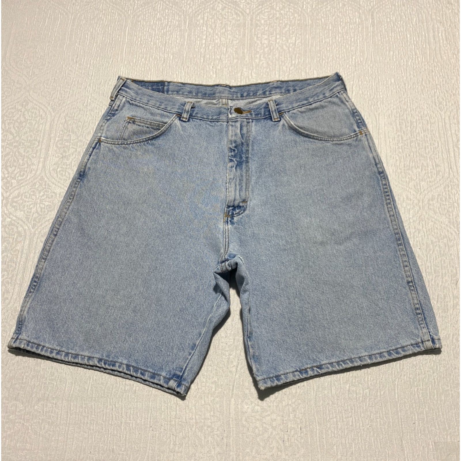 Wrangler VINTAGE Wrangler Jeans Shorts Men 36 Blue Light Wash Jorts Bermuda 5-Pocket Distressed Pockets 90s Style Casual Mens Size US 36 / EU 52 - 4 Thumbnail