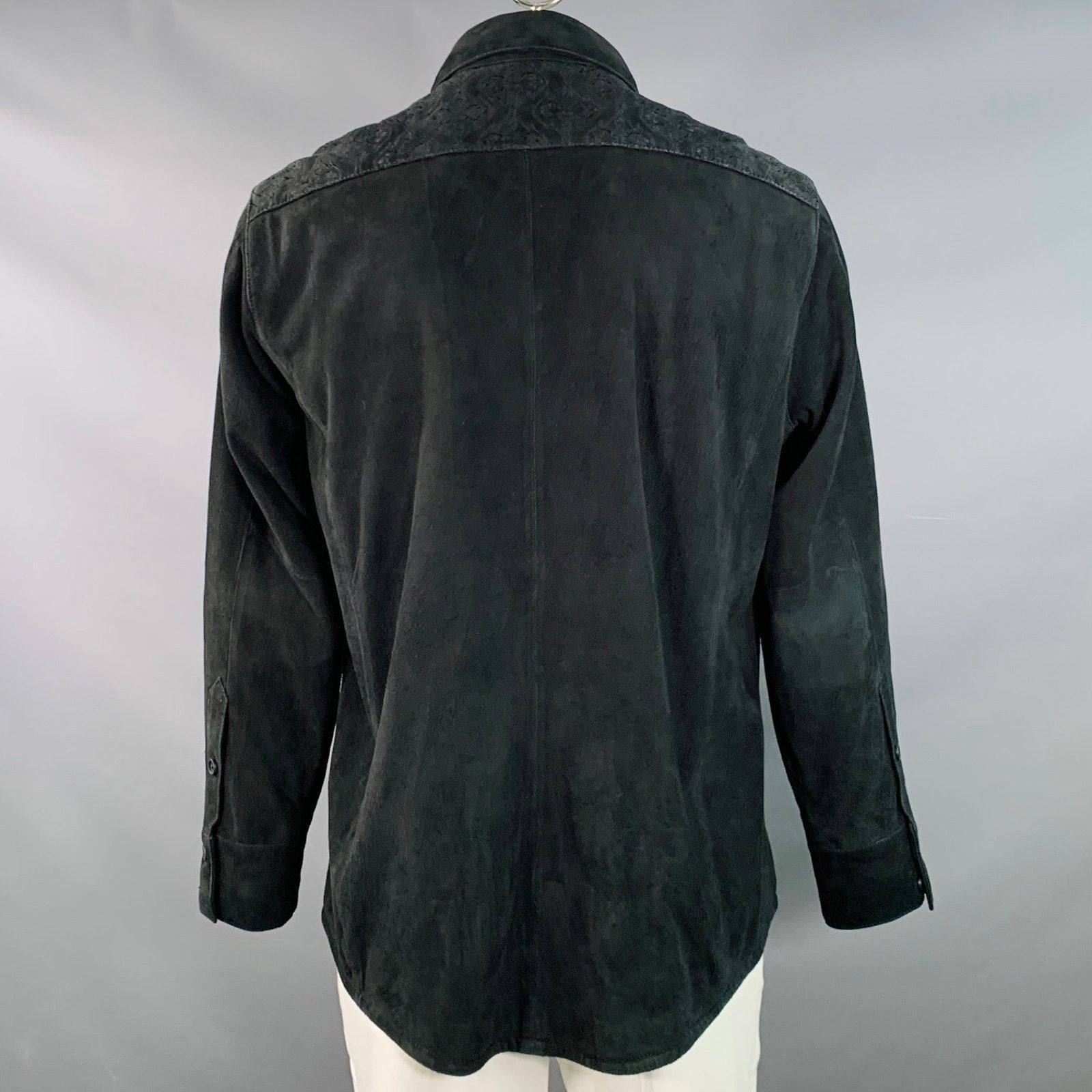 Robert Graham L Black Embroidery Suede Contrast Trim Long Sleeve Shirt Size L / US 10 / IT 46 - 4 Thumbnail