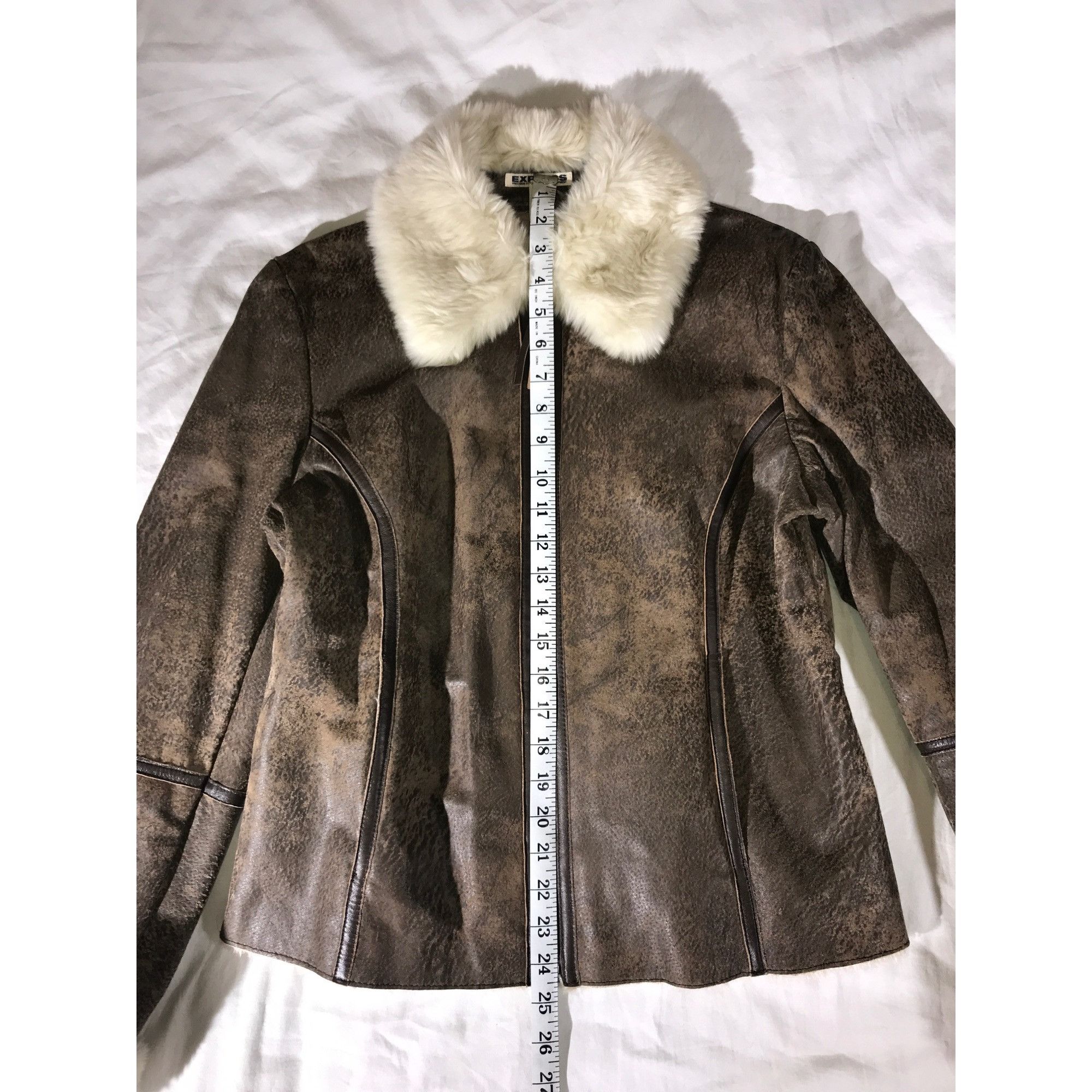Designer Express Brown Distressed Leather Faux Fur Bomber Jacket Size XL / US 12-14 / IT 48-50 - 6 Thumbnail
