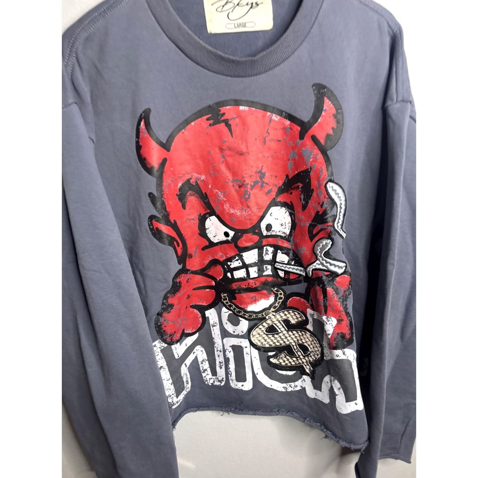 Vintage Bkeys Shirt Mens Large Gray Long Sleeve Devil Graphic Distressed Raw Hem Grunge Size US L / EU 52-54 / 3 - 2 Thumbnail