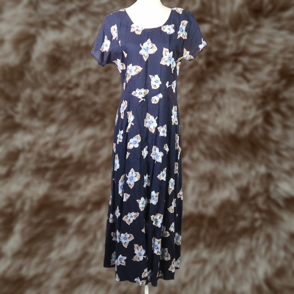 VINTAGE All That Jazz 90s Floral Maxi Dress L Navy Blue Womens