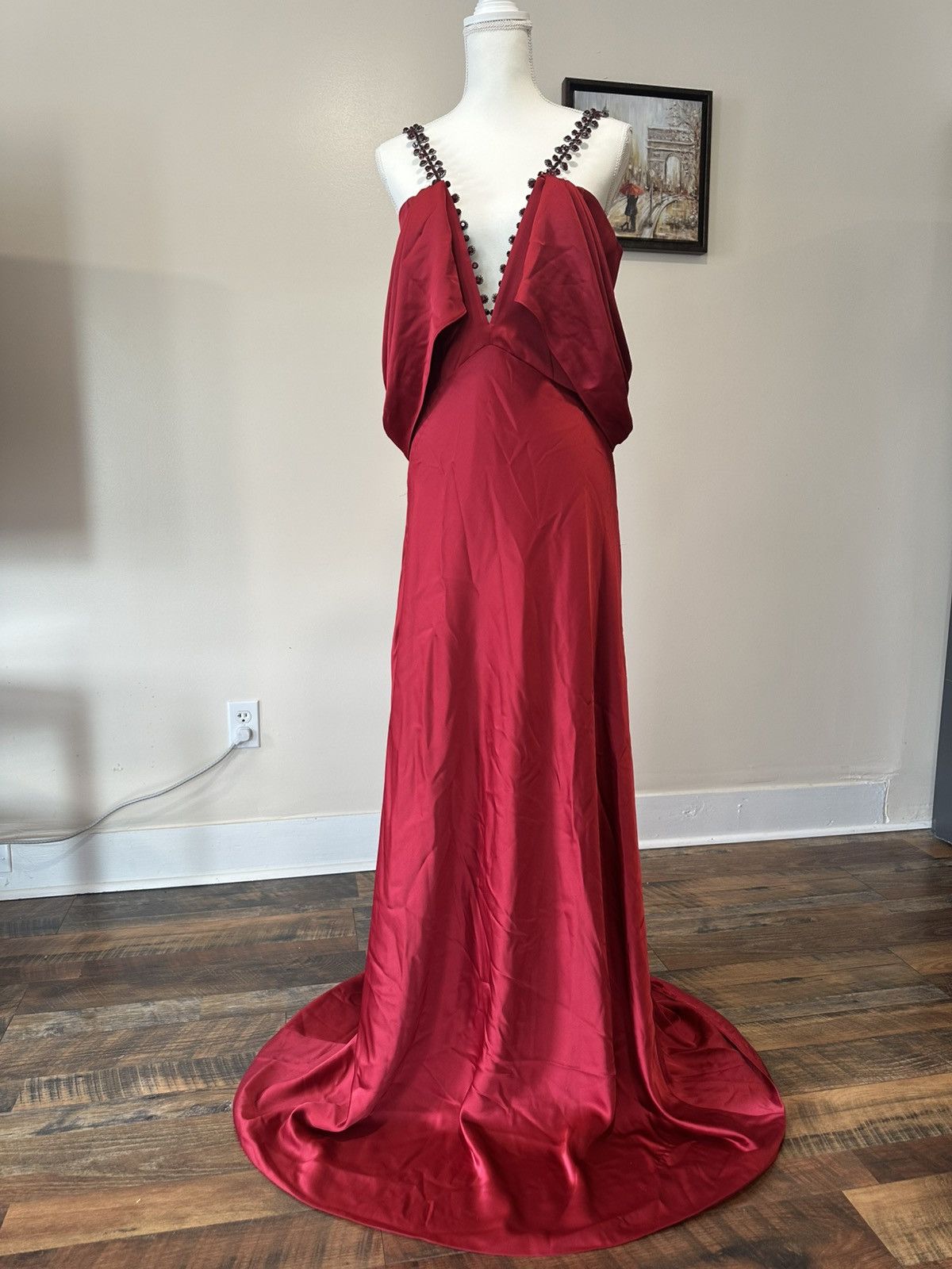 Other Ozgur Masur Elegant Red Plunge Dress with Embellished Straps Size L / US 10 / IT 46 - 4 Thumbnail