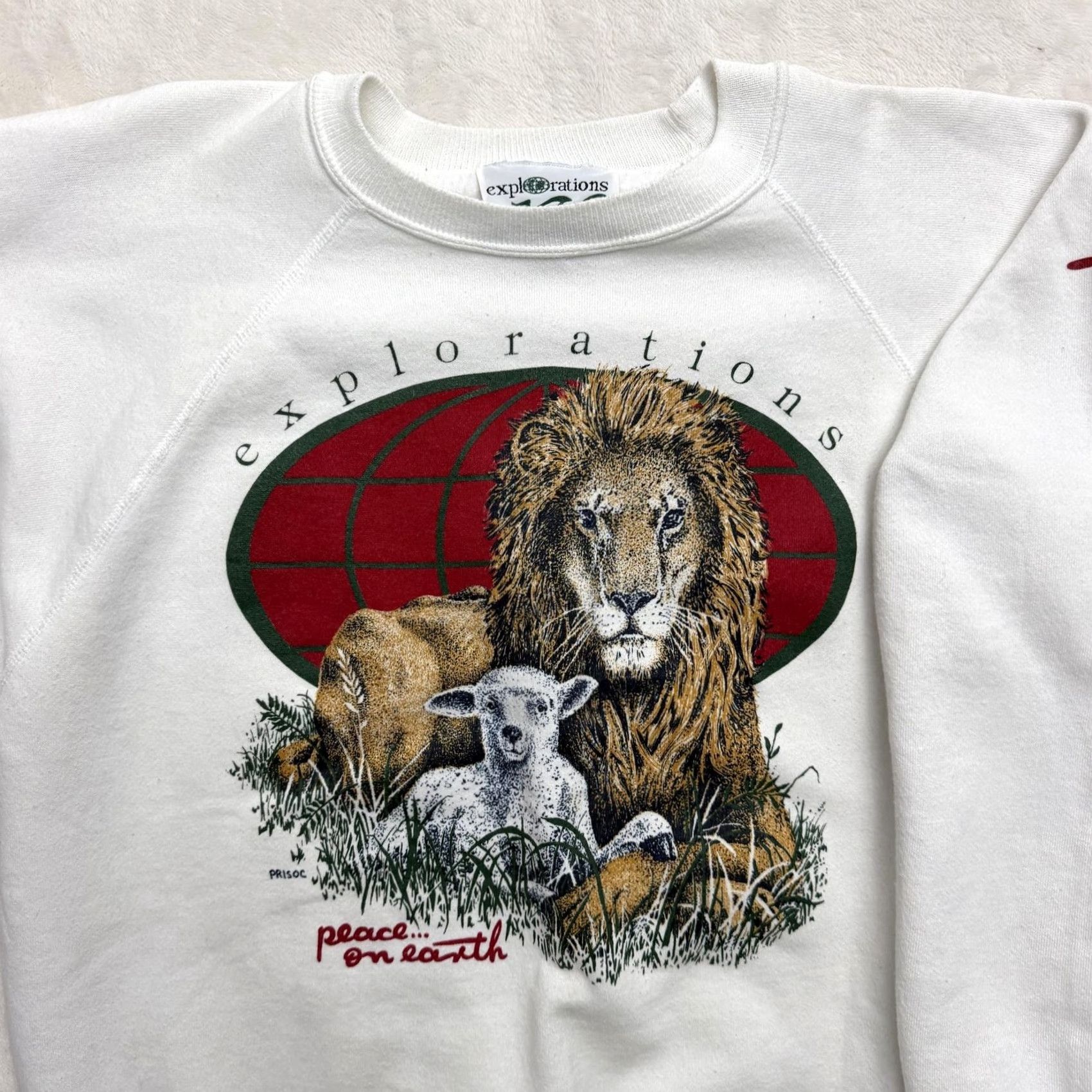 Vintage VINTAGE Explorations Peace On Earth Sweatshirt Mens XL White Graphic Print Christmas Animals Lion Lamb Size US XL / EU 56 / 4 - 2 Thumbnail