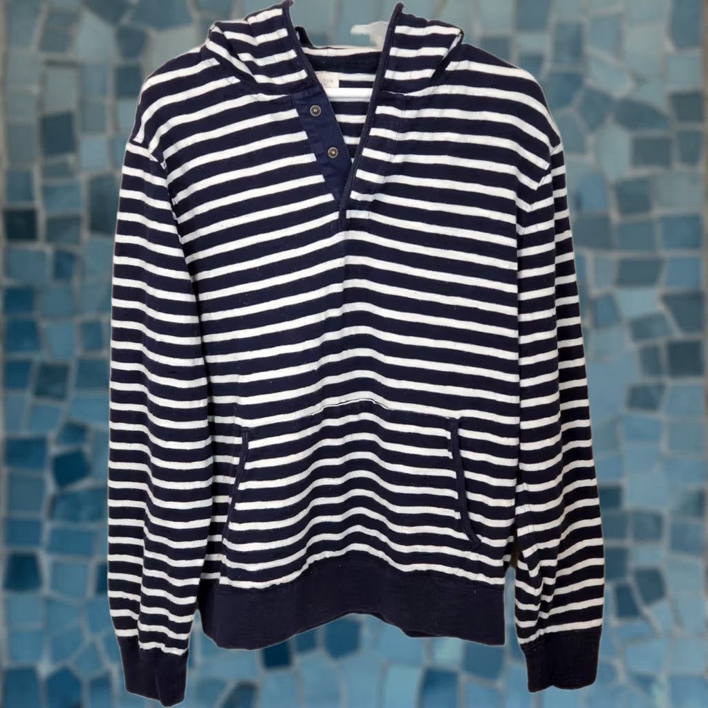 J.Crew J.CREW Navy & White Striped Nautical Style Pullover Hoodie Sweatshirt Sweater Men's Size L Size US L / EU 52-54 / 3 - 1 Thumbnail