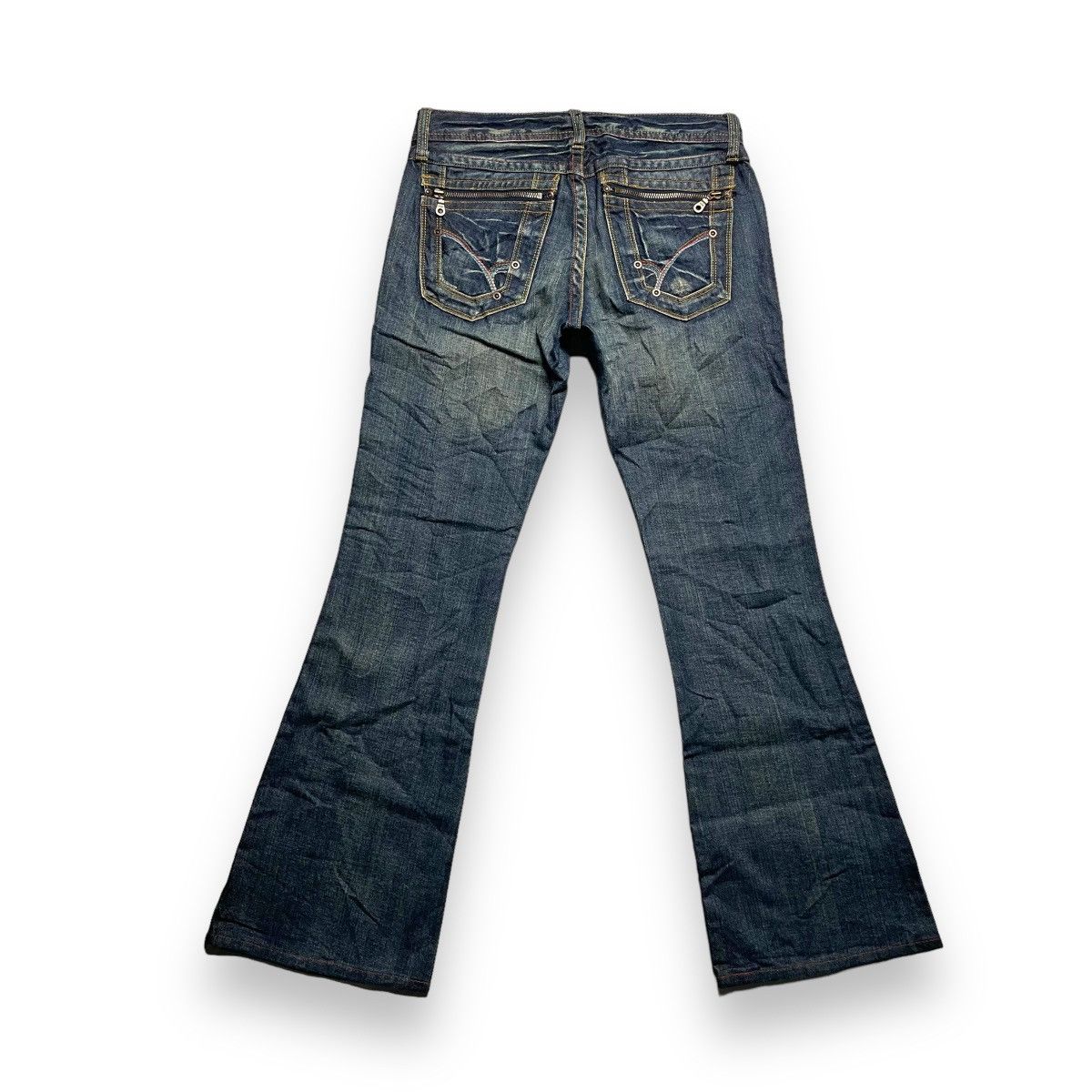 Le Grande Bleu (L.G.B.) 🇯🇵 SUPER FLARE BACK NUMBER WASHED DENIM PANTS Size US 30 / EU 46 - 2 Thumbnail