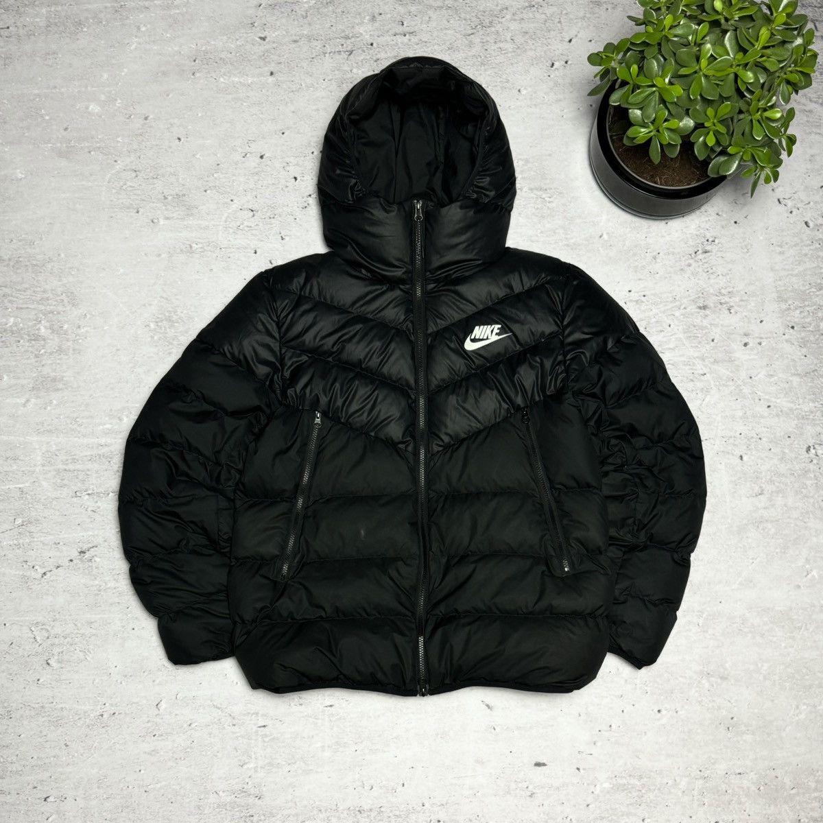 image of Nike Down Hooded Jacket Drill in Black, Men's (Size Large)