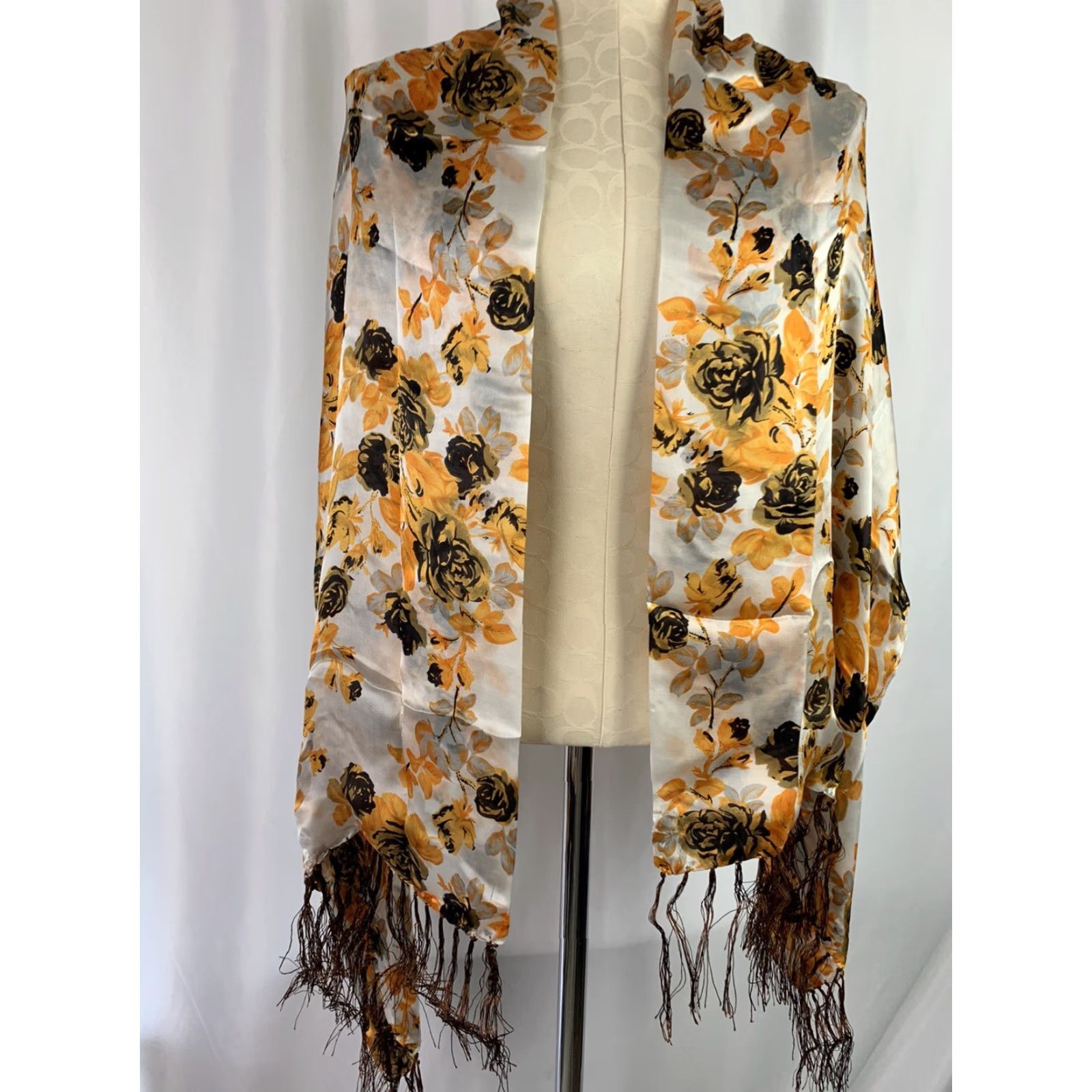 Vintage VINTAGE New Silk Scarf Orange Rose Floral Scarf Brown Fringe 21 x 62" Silk Floral Roses Orange Womens Scarf Size ONE SIZE - 5 Thumbnail