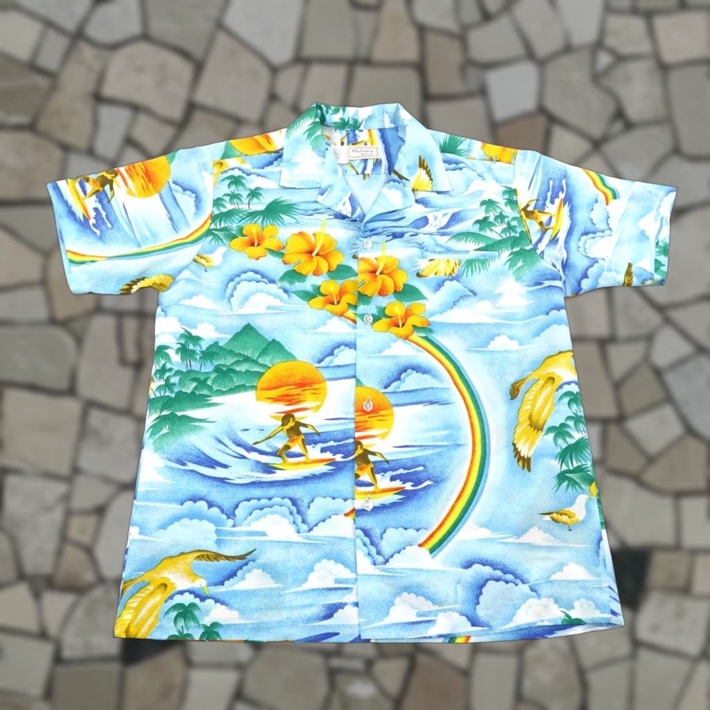 Vintage Maluna Hawaii Shirt Mens Medium Blue Floral Hawaiian Aloha Rainbows Camp