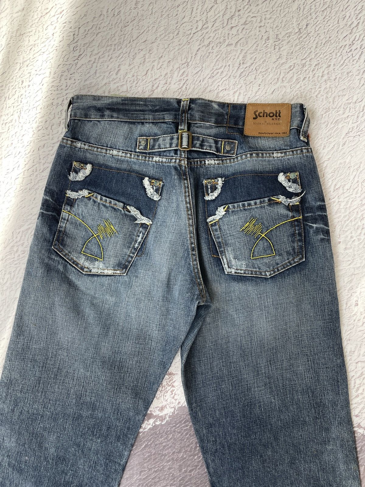 Schott Schott NYC vintage buckle back faded distressed denim jeans Size US 30 / EU 46 - 15 Thumbnail