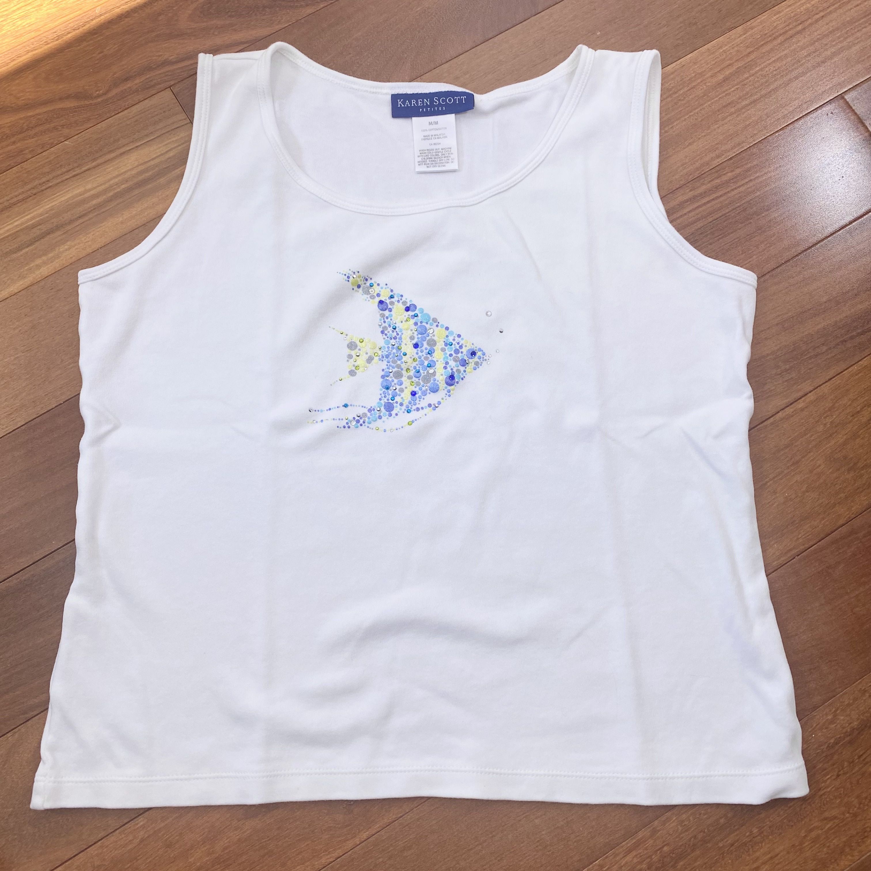 Vintage Karen Scott - White Glitter Fish Camisole T-Shirt Size M / US 6-8 / IT 42-44 - 2 Thumbnail