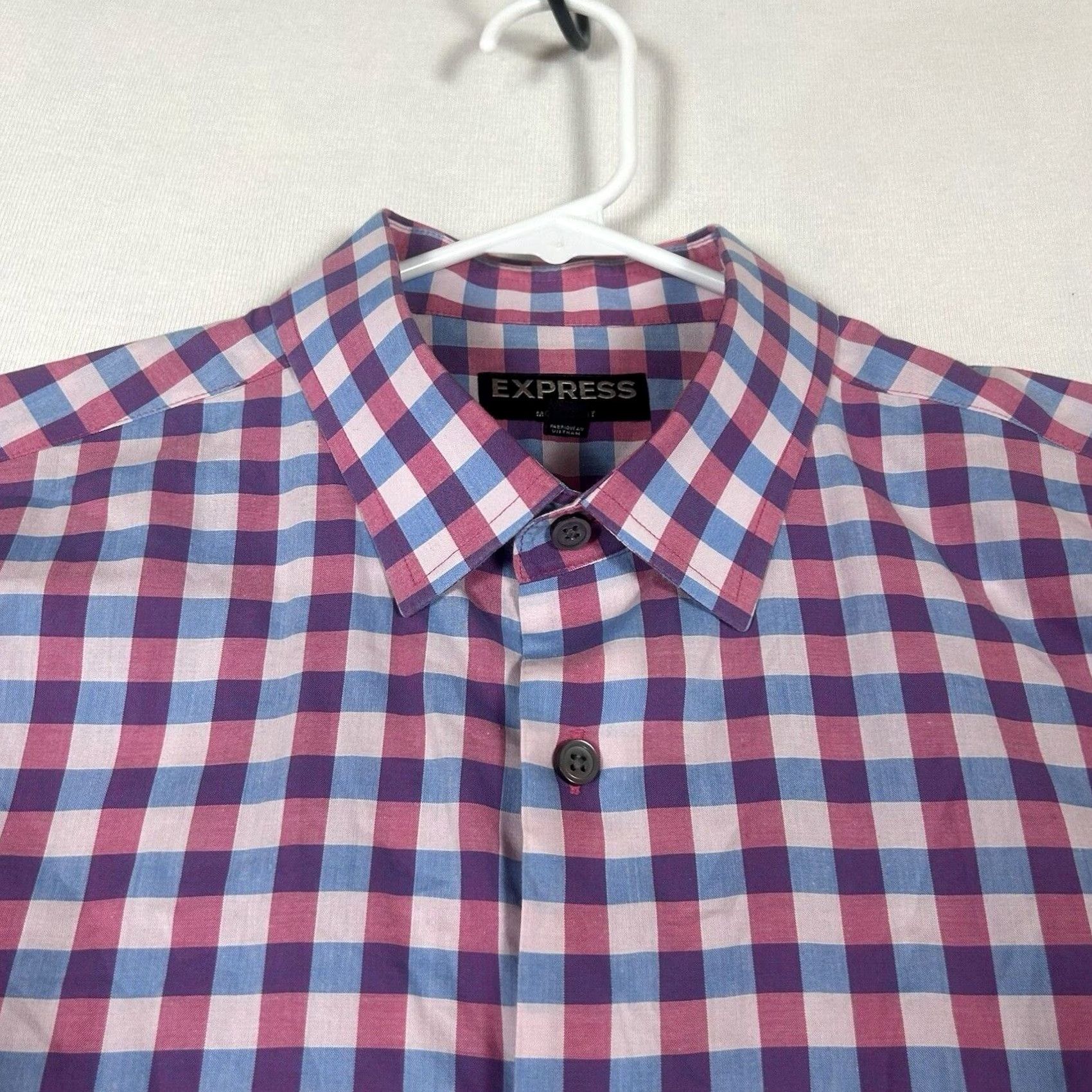 Express Express Modern Fit Mens Large 16-16.5 Shirt Purple Plaid Long Sleeve Button Down Size US L / EU 52-54 / 3 - 2 Thumbnail