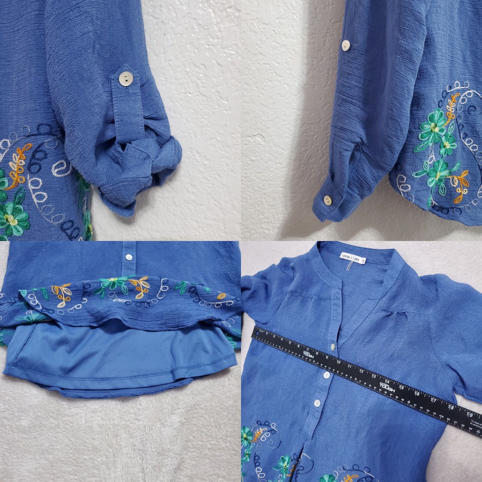 Vintage Figueroa & Flower Blouse Women PS Blue Embroidered Roll Tab Sleeve Attached Cami Size S / US 4 / IT 40 - 8 Thumbnail