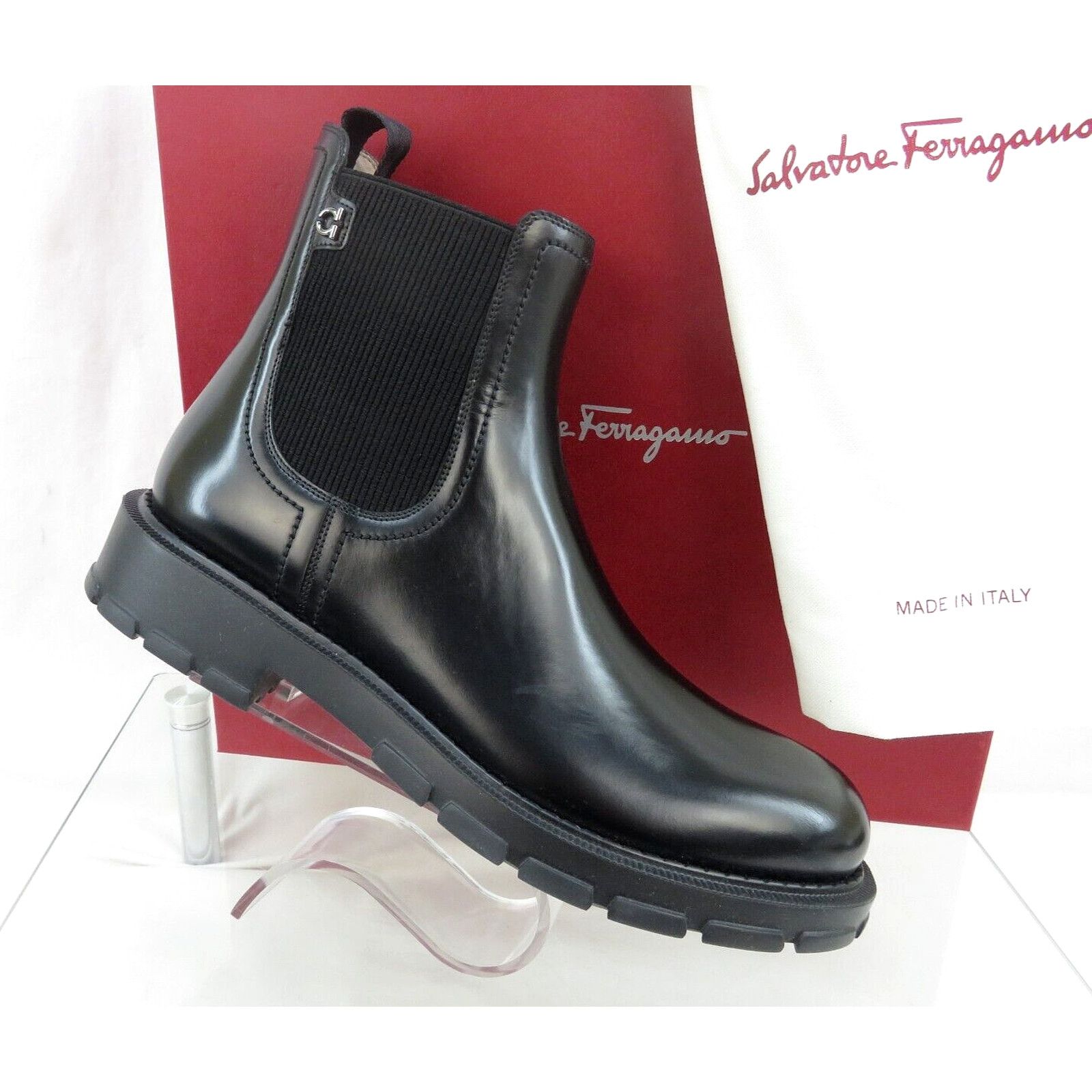 Salvatore Ferragamo IAGO BLACK LEATHER GANCINI PULL CHELSEA ANKLE BOOTS 10 E Size US 10 / EU 43 - 5 Thumbnail