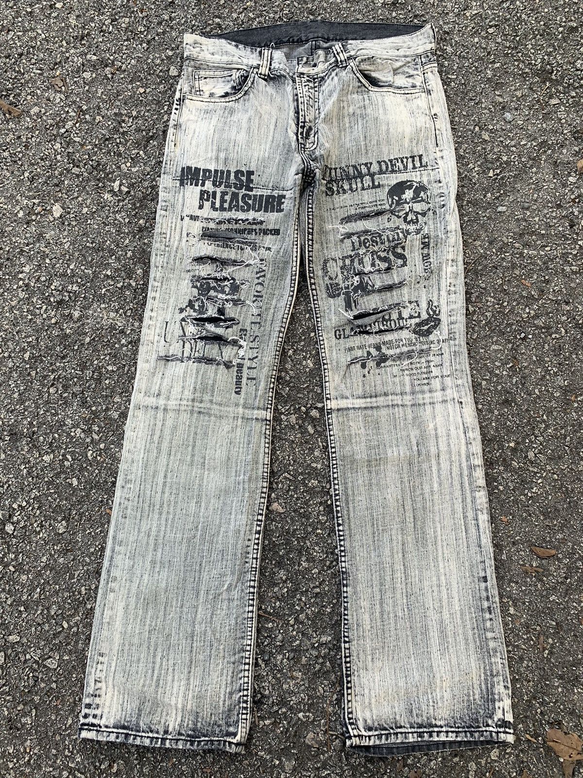 If Six Was Nine × Japanese Brand × Le Grande Bleu (L.G.B.) FLARE IMPULSE PLEASURE FUNNY DEVIL SKULL DISTRESSED PANTS☠️🎌 Size US 33 - 1 Thumbnail