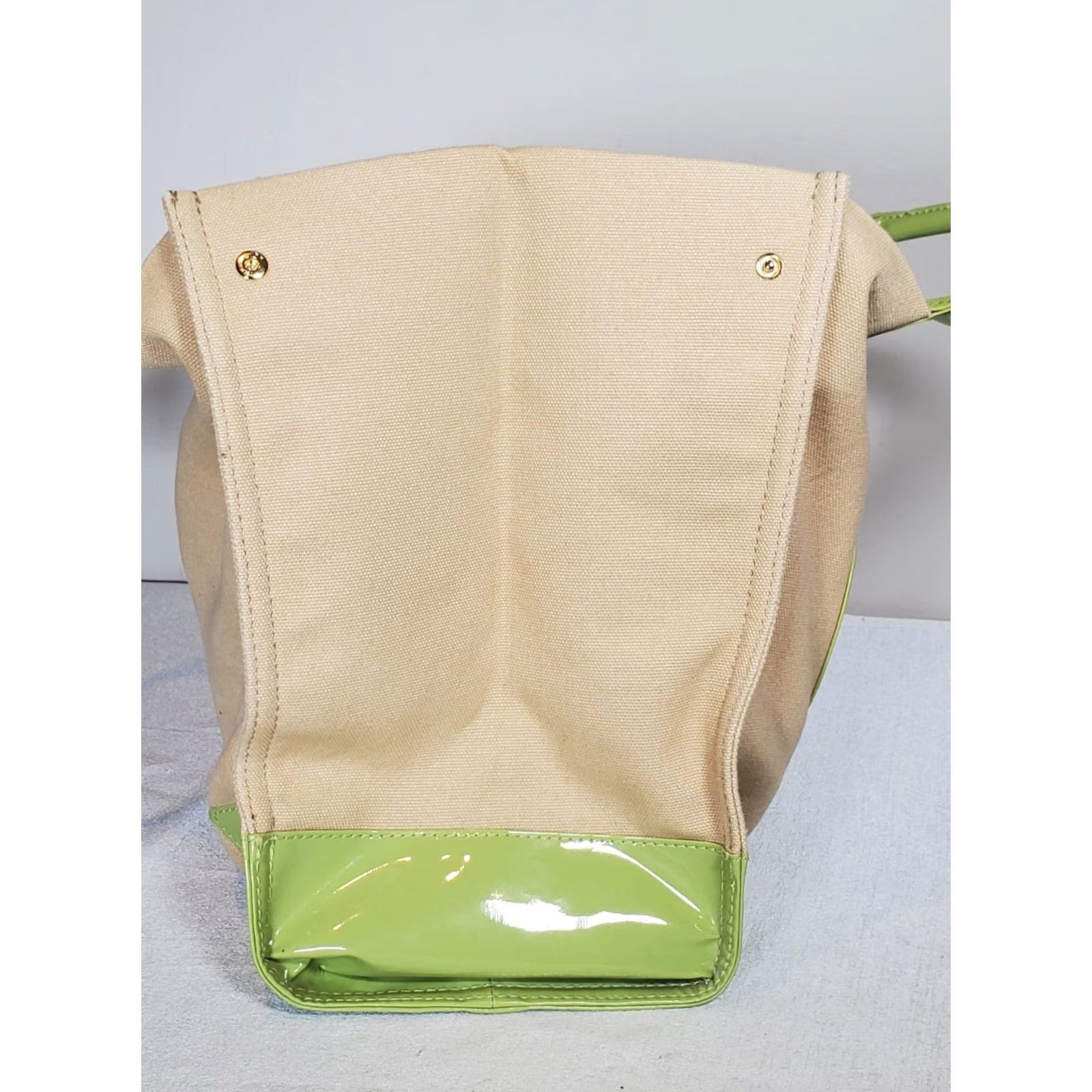 Tory Burch Tory Burch Ella Tote Bag Large Light Beige Canvas Sage Green Patent Leather Expandable Size ONE SIZE - 4 Thumbnail