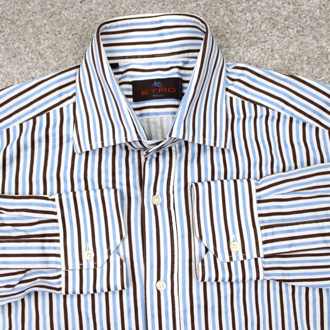 Etro ETRO Dress Shirt Mens 39 Blue/Brown Striped 100% Cotton Long Sleeve Button Up Shirt Size 40R - 2 Thumbnail