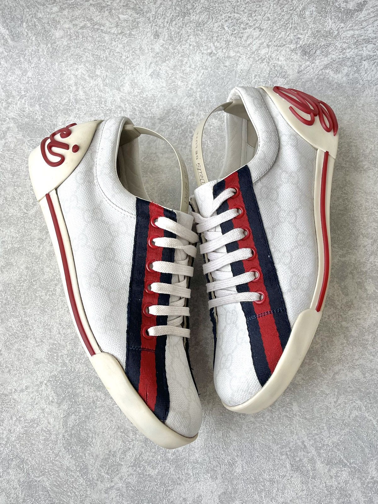 Gucci Gucci GG Monogram Canvas Sneakers Red Blue Web Script Logo Size US 7 / IT 37 - 1 Thumbnail