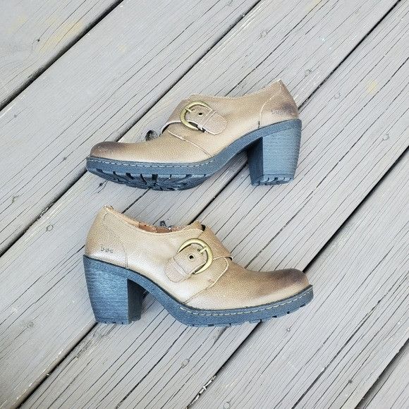 Born Born Canty Tan Leather Burnished Chunky Heel Buckle Western Size US 9.5 / IT 39.5 - 3 Thumbnail