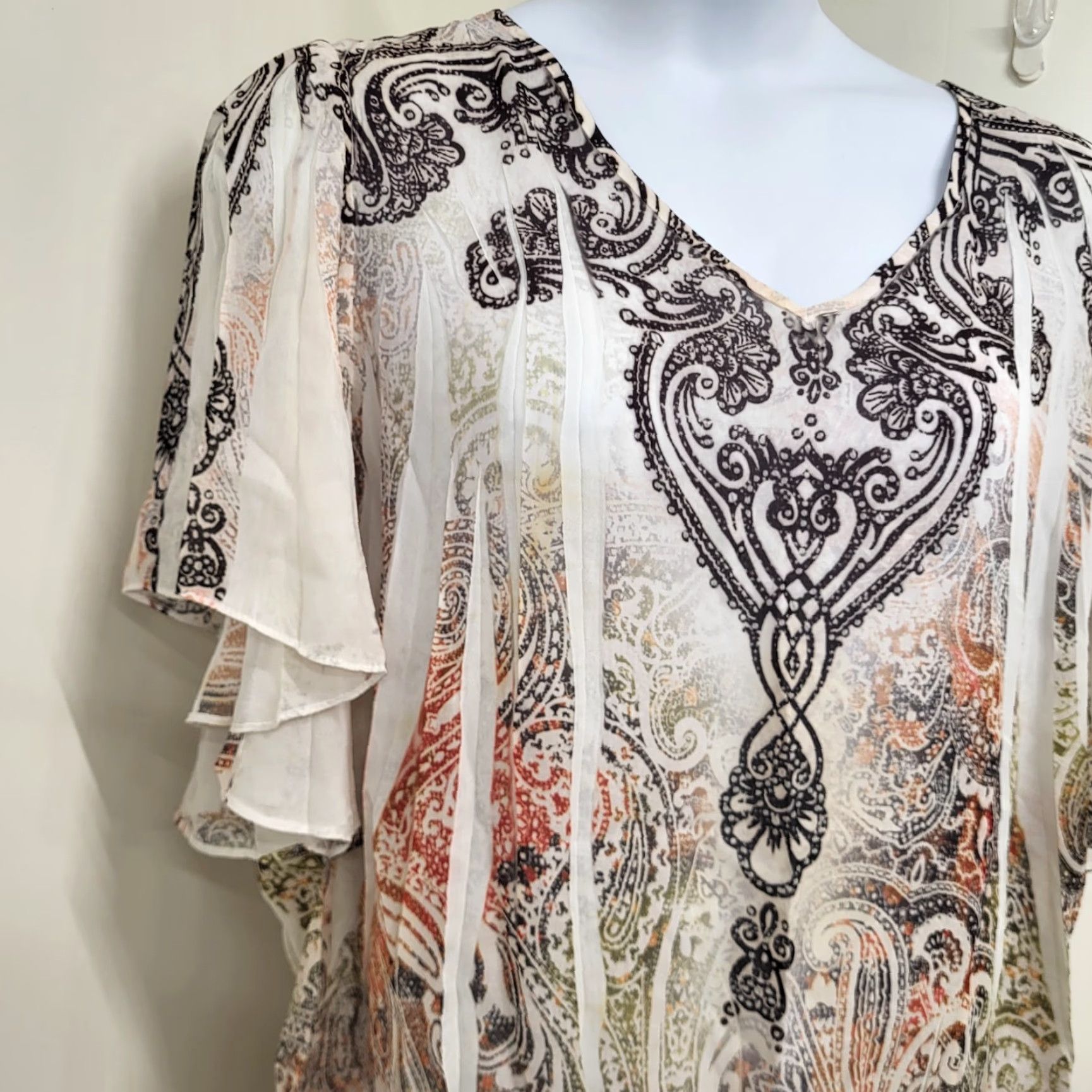 Vintage CATO Blouse Women's Plus Size 22/24W Creamy Browns Round Neck Boho Western Top Shirt Womens Bohemian Paisley Flutter Sleeve Short Sleeve Casual Size 3XL / US 20-22 - 4 Thumbnail