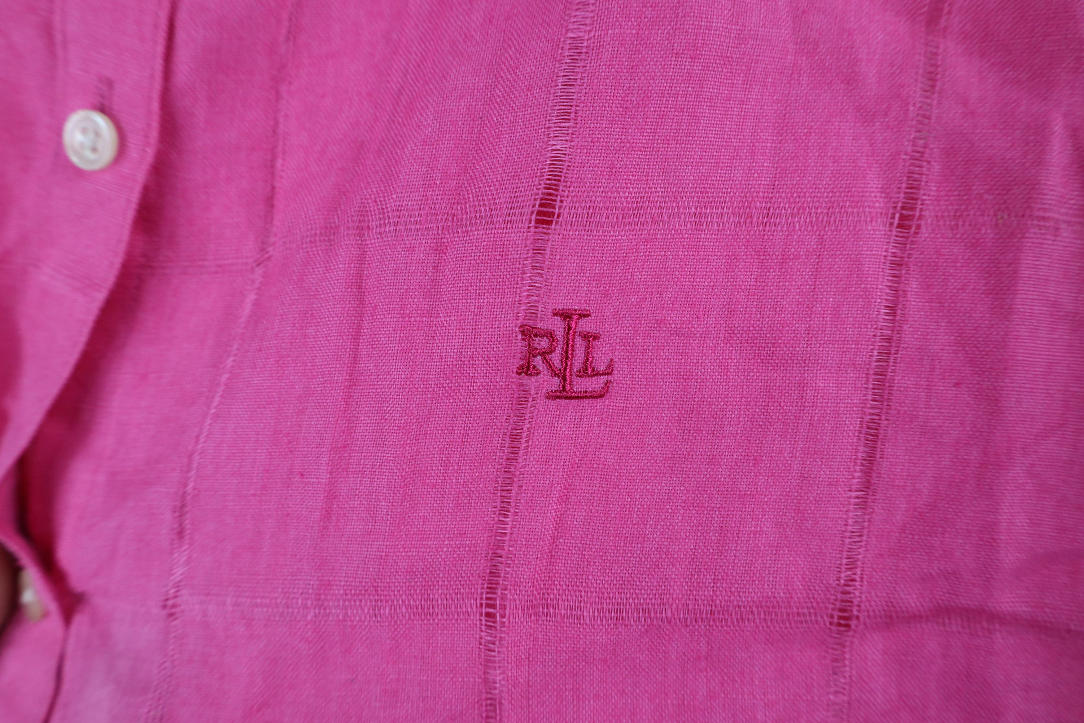 Ralph Lauren × Vintage Vintage 90s Ralph Lauren Linen Band Collar Button Shirt Pink Size L / US 10 / IT 46 - 4 Thumbnail