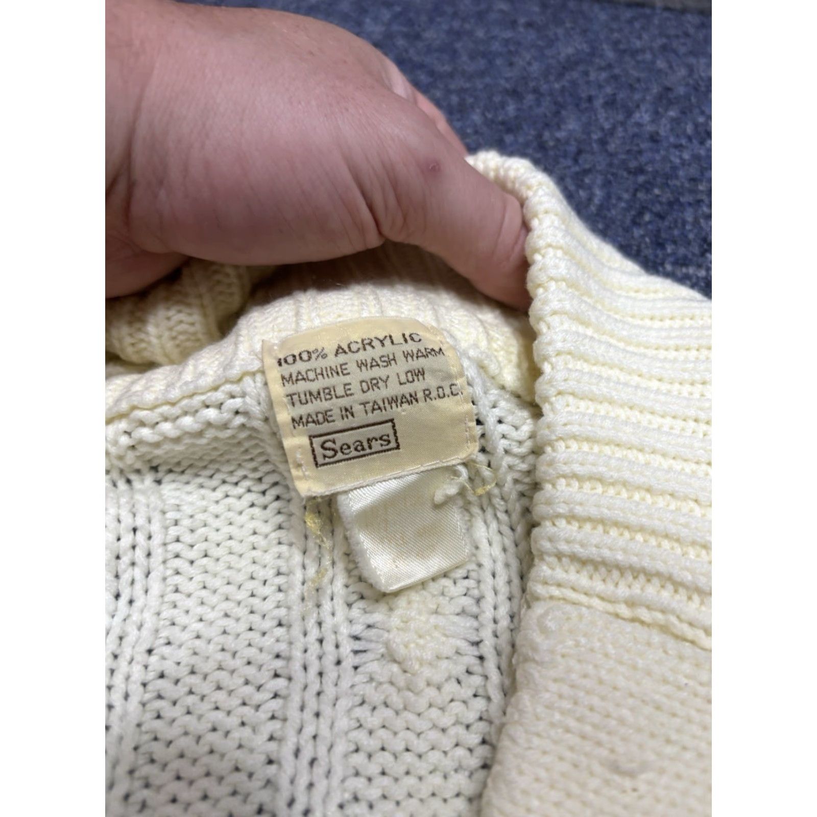 Sears VINTAGE Sears Cardigan Mens L Creme Cable Knit 70s Sweater Collared Big Collar B6 Size US L / EU 52-54 / 3 - 6 Thumbnail