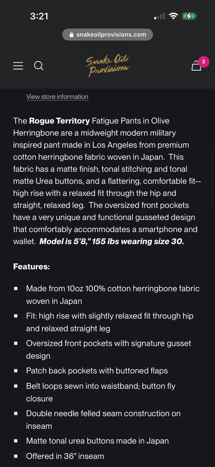 Rogue Territory RGT Fatigue Pants Olive Herringbone Size US 31 - 10 Thumbnail