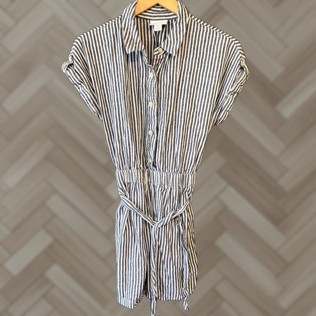 Liz Claiborne Liz Claiborne Romper M Short Sleeve Multicolor Linen Blend Striped Elastic Waist Pockets Button Front Size 32" / US 10 / IT 46 - 1 Thumbnail