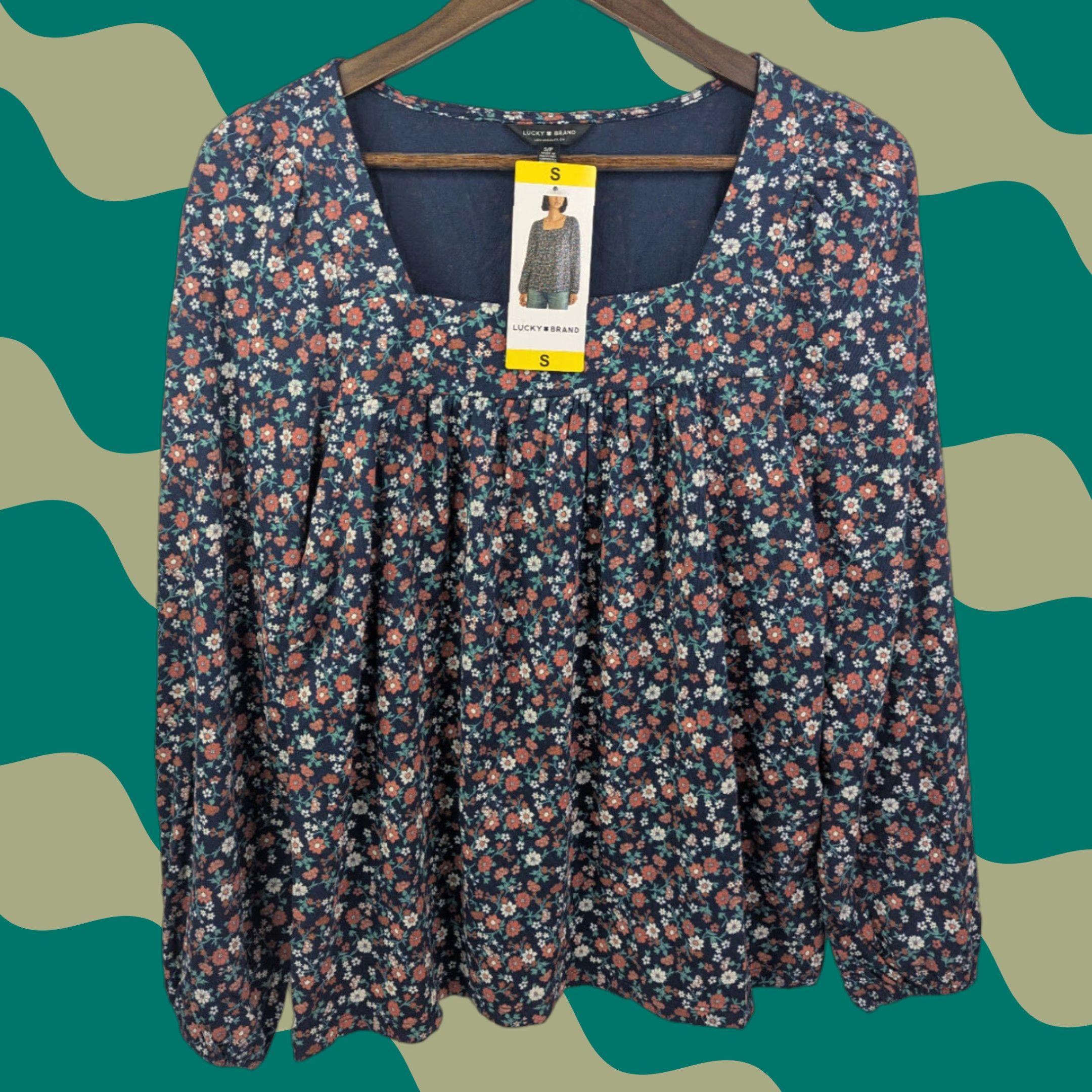 Lucky Brand NWT Lucky Brand Blouse Womens Small Square Neck Long Sleeve Floral Boho Hippy Multicolor Size S / US 4 / IT 40 - 1 Thumbnail