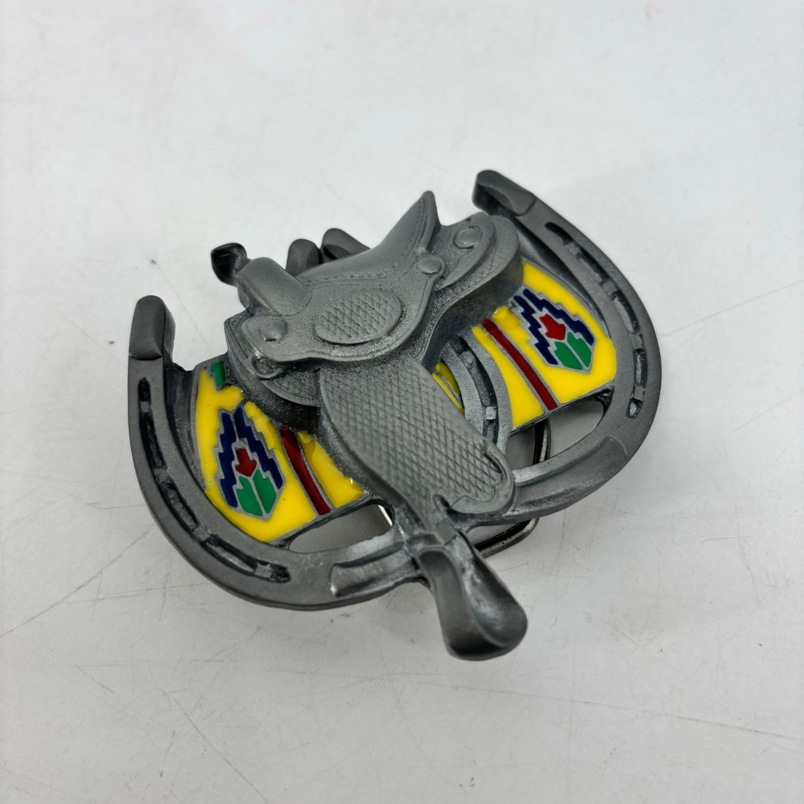 Vintage Western Belt Buckle Saddle Horseshoe Pewter Enamel Southwest Size ONE SIZE - 13 Thumbnail