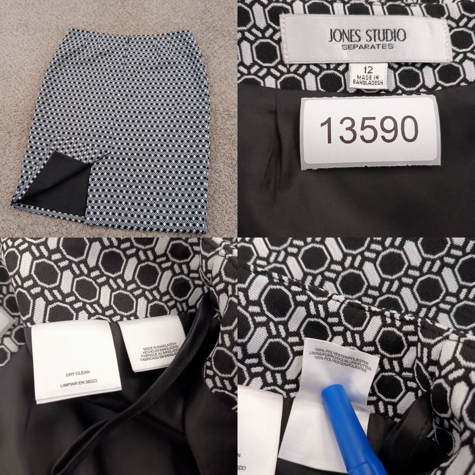 Vintage Jones Studio Skirt Women Knee Length Black Geometric Lined Slit Zip 12 Pencil Straight & — Regular Grade Polyester Vintage No Size 34" / US 12 / IT 48 - 8 Thumbnail