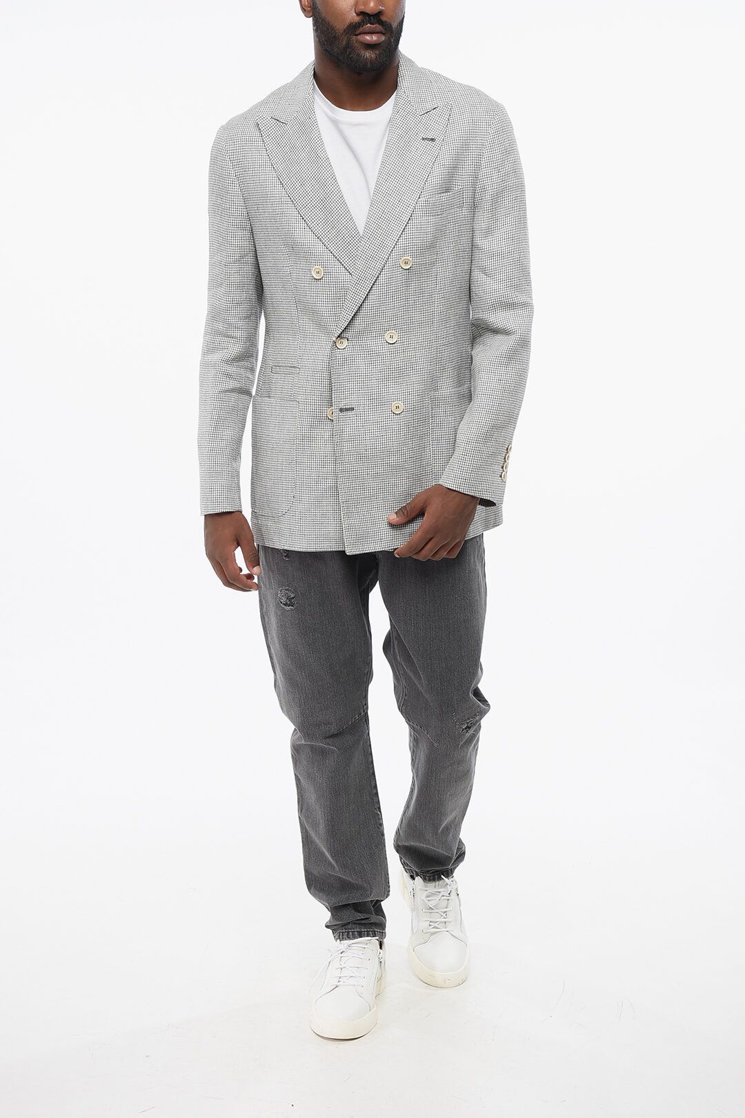 Brunello Cucinelli og1mm0725 Houndstooth Linen Double-breasted Blazer in Grey Size US M / EU 48-50 / 2 - 4 Thumbnail