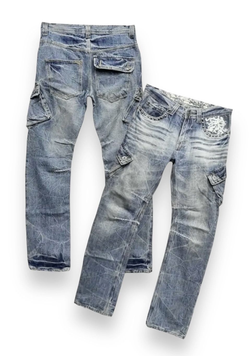 Seditionaries Distressed Studded Tribal Tattoo Slanted Pocket Denim Cargo Size US 31 - 1 Thumbnail