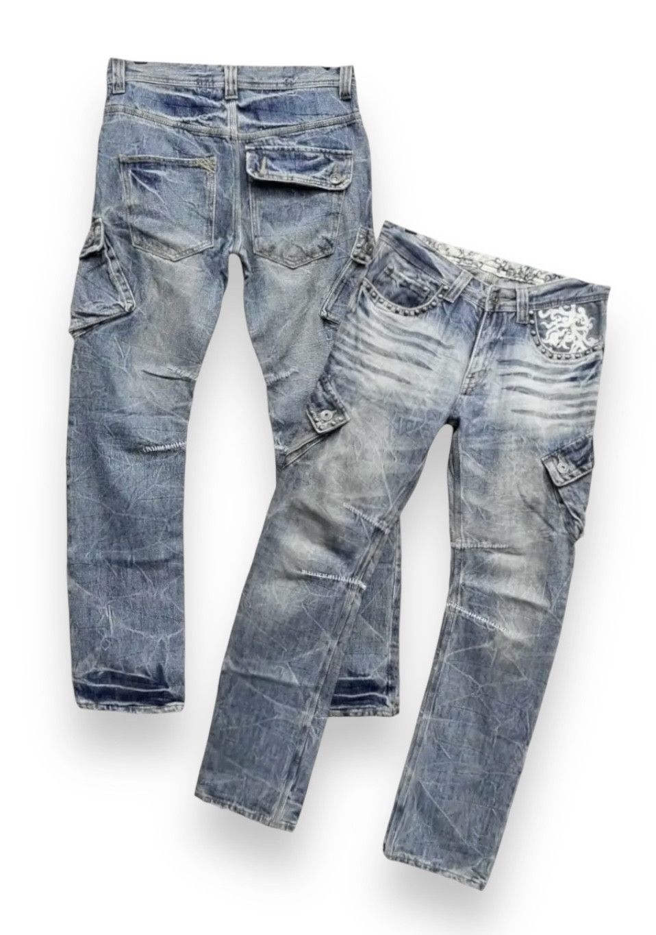 image of Avant Garde x Seditionaries Distressed Studded Tribal Tattoo Slanted Pocket Denim Cargo in Blue (Si