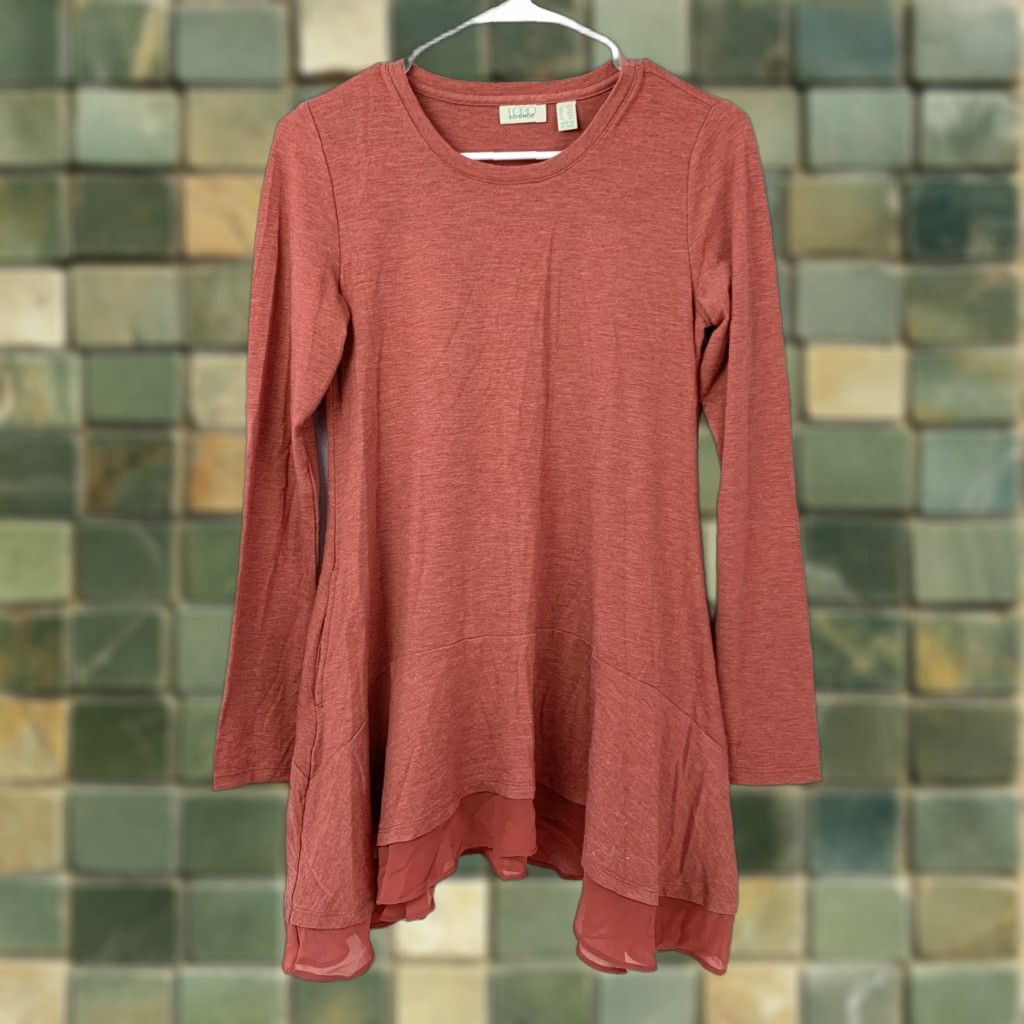 Vintage LOGO LOUNGE Tunic Shirt Womens XXS Rust Red Heathered Pockets Layered Chiffon Hem Casual Knit Crew Neck Long Sleeve Fall Winter Spring Size XXS / US 00 / IT 34 - 1 Thumbnail