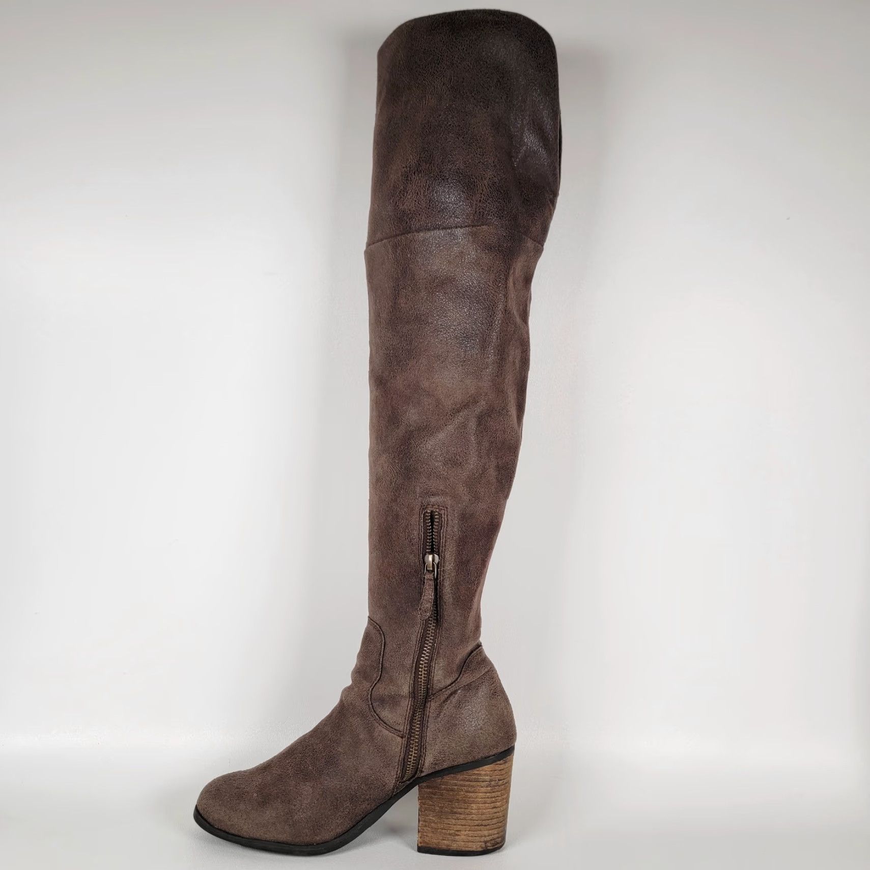Vintage Hinge Over The Knee Brown Faux Leather Grunge Boot Pull On Women's 8M Heel Western Block Styling Size US 8 / IT 38 - 6 Thumbnail