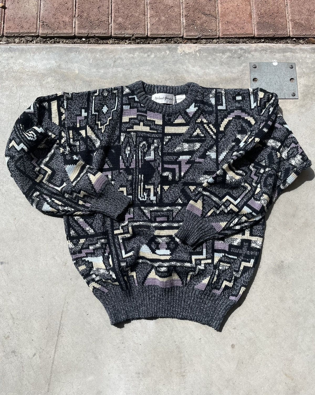 Vintage 1990s Michael Gerald Crazy Pattern Knit Sweater Size US M / EU 48-50 / 2 - 3 Thumbnail