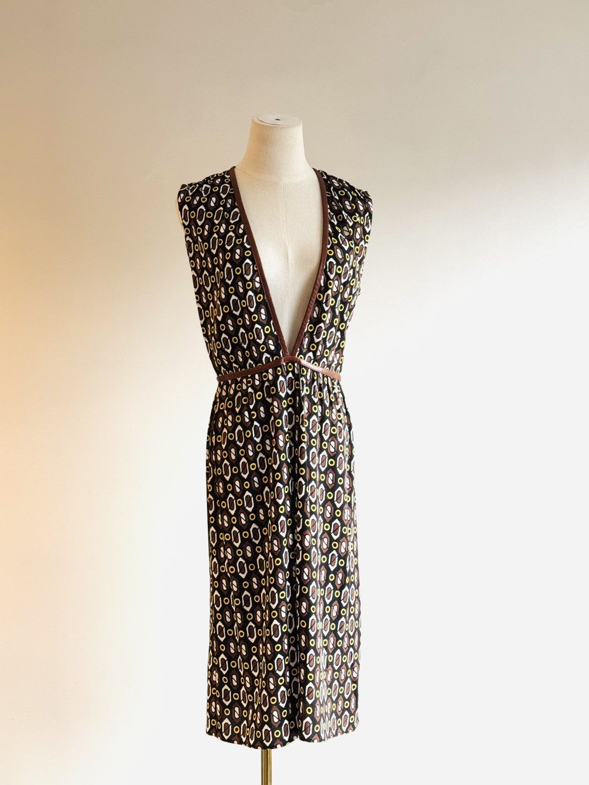 Prada Prada fall 2014 deep V dress leather trim geometric print 38 Size XS / US 0-2 / IT 36-38 - 1 Thumbnail
