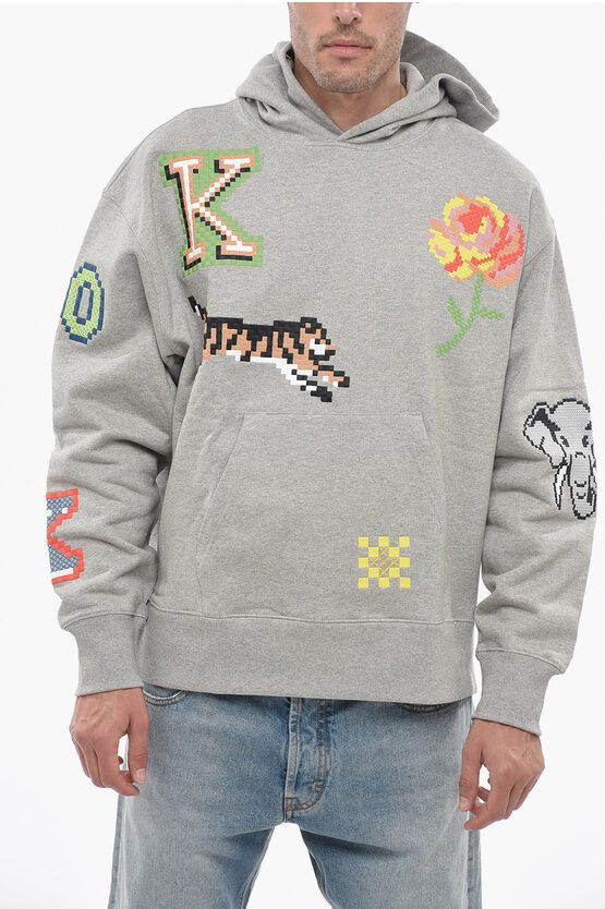 image of Overszied Kenzo Pixel Sweatshirt With Multicolored Embroider in Grey, Men's (Size Medium)