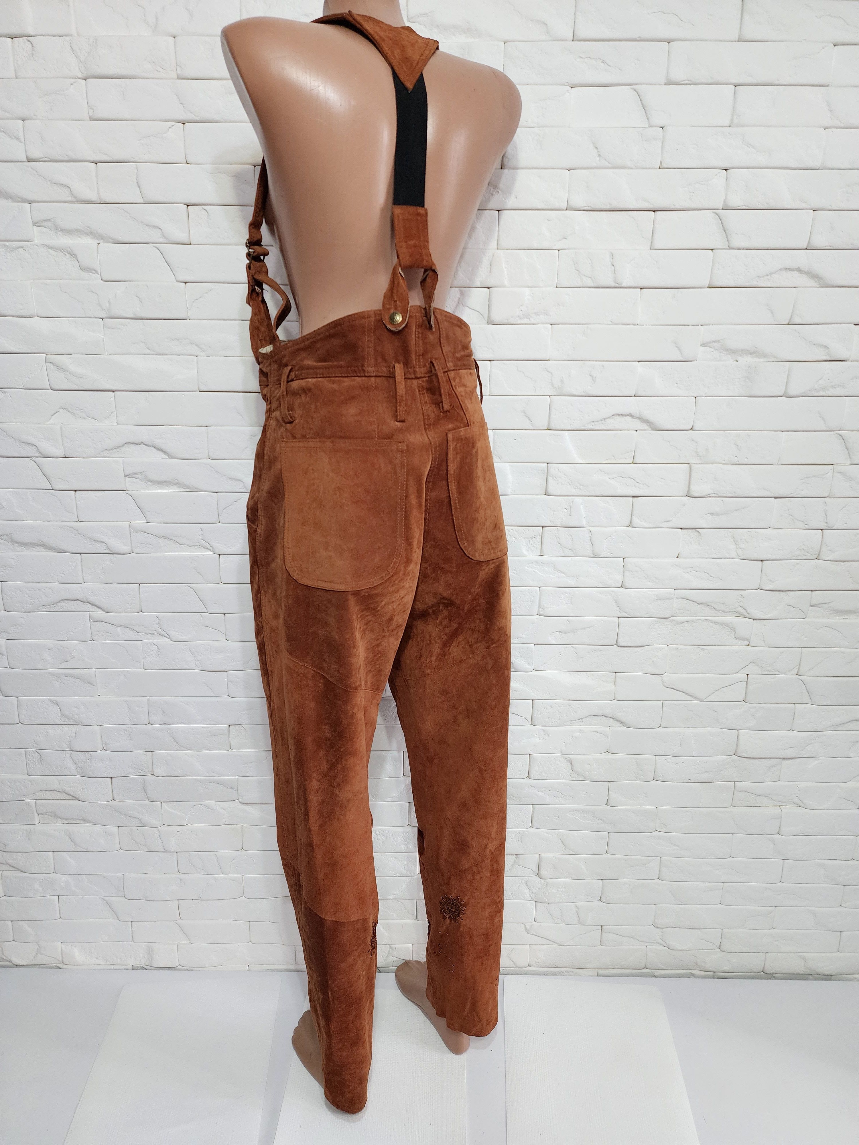 Genuine Leather Brown women's pants with pockets and suspenders. Size 34" / US 12 / IT 48 - 6 Thumbnail