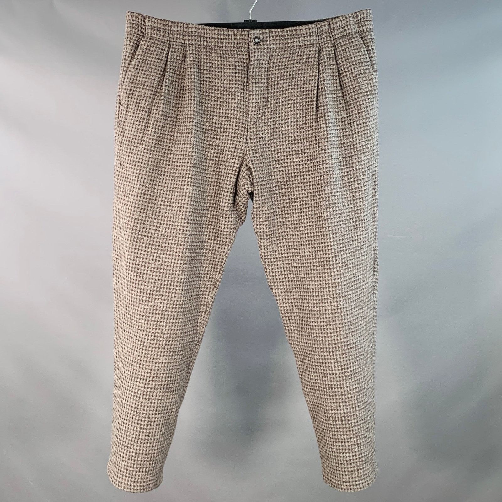 Grey Black Grid Virgin Wool Pleated Drawstring Casual Pants