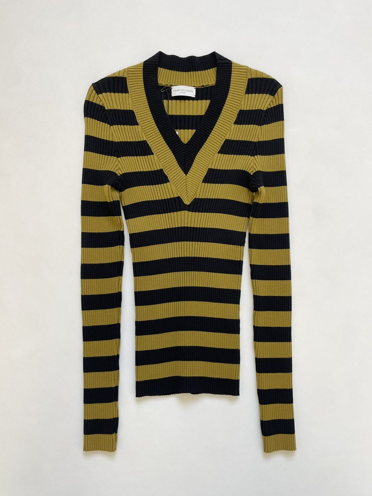 Dries Van Noten Olive/Black Striped Ribbed Knit Sweater Size S / US 4 / IT 40 - 11 Thumbnail