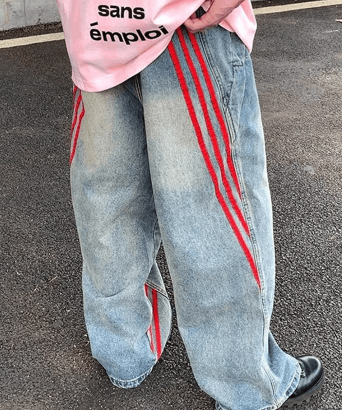 Japanese Brand Red Striped Vintage Blue Baggy Jeans Size US 34 / EU 50 - 2 Thumbnail